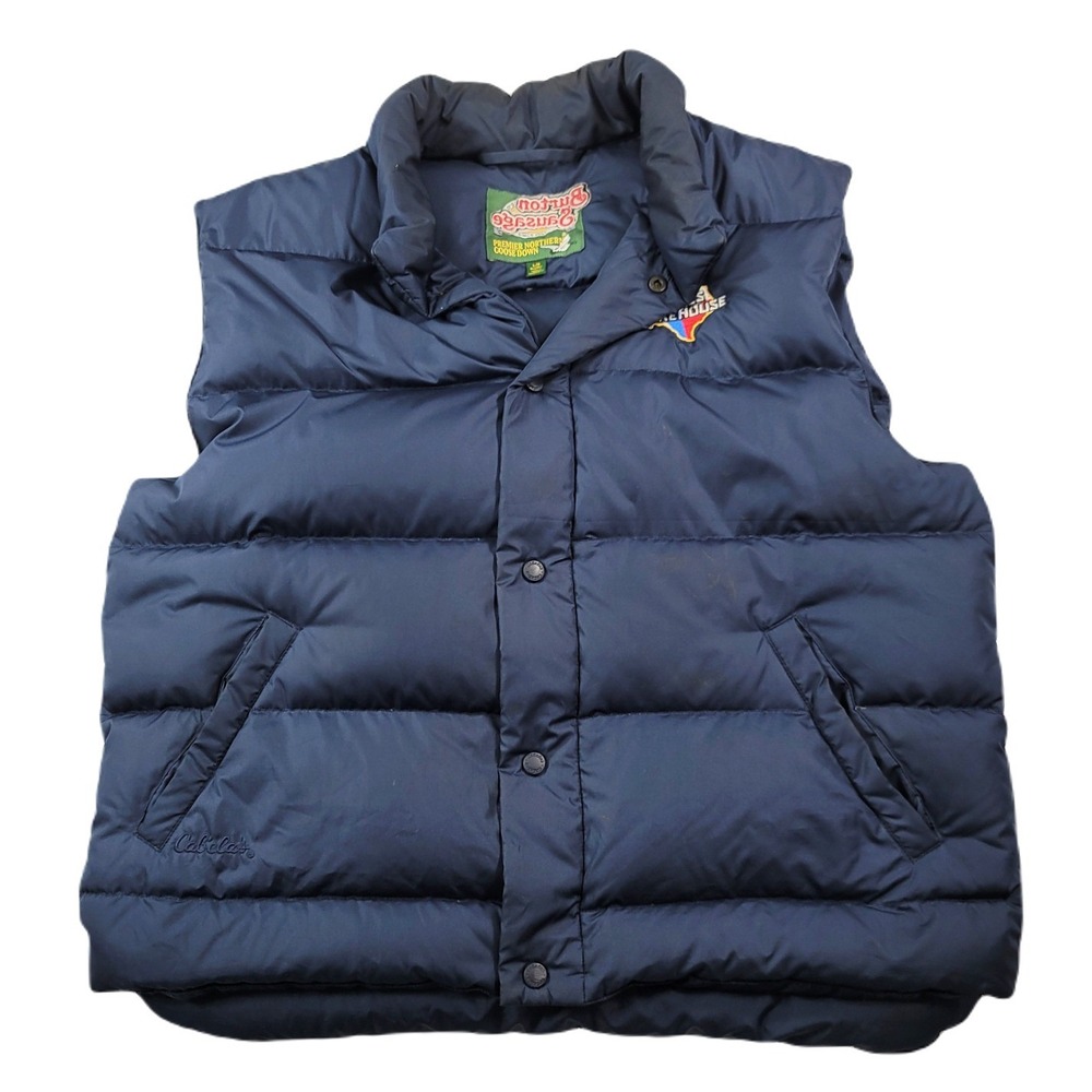 Cabelas Premium Northern‎ Goose Down Puffer Vest Mens Large Blue Co. BBQ Logo